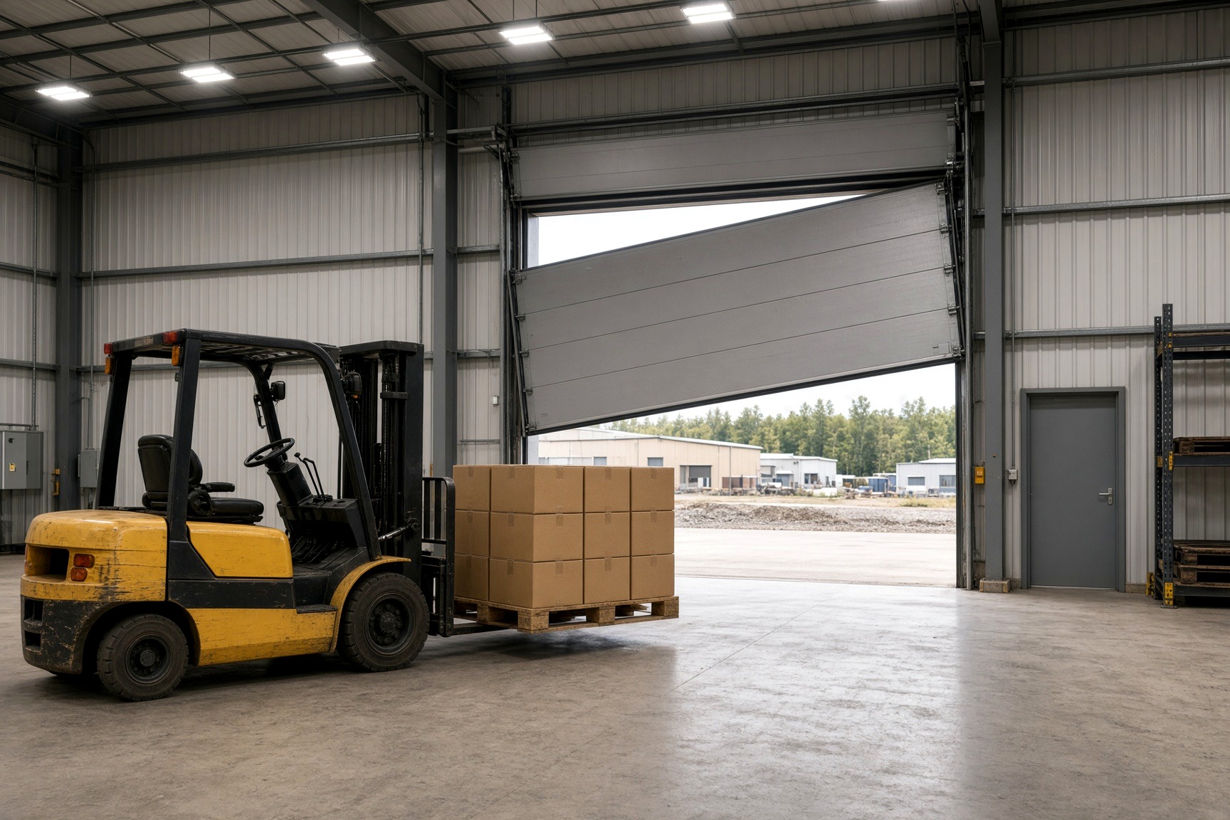 Crooked commercial door blocking a loaded forklift
