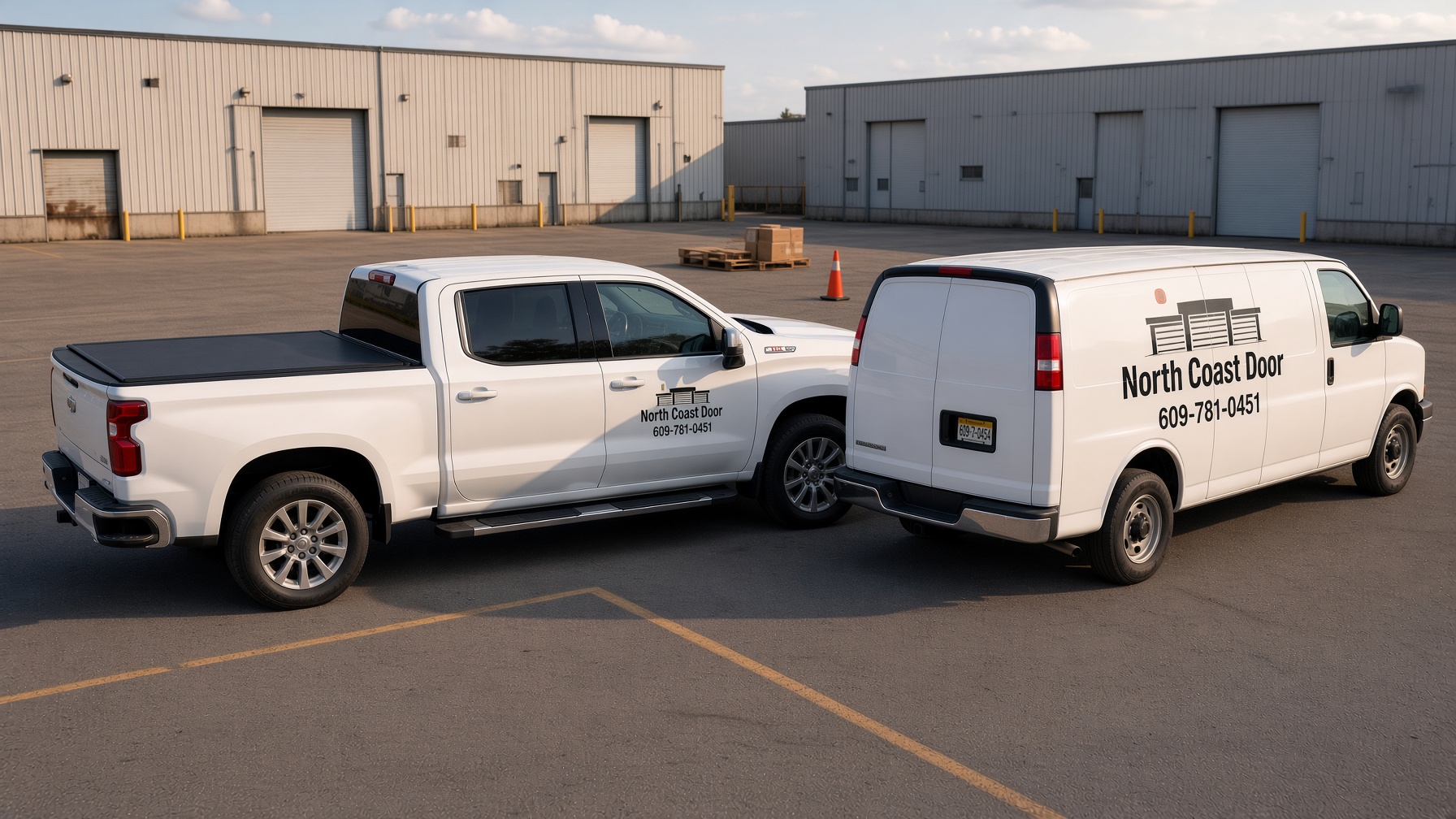 North Coast Door Chevy Silverado and cargo van in a warehouse lot