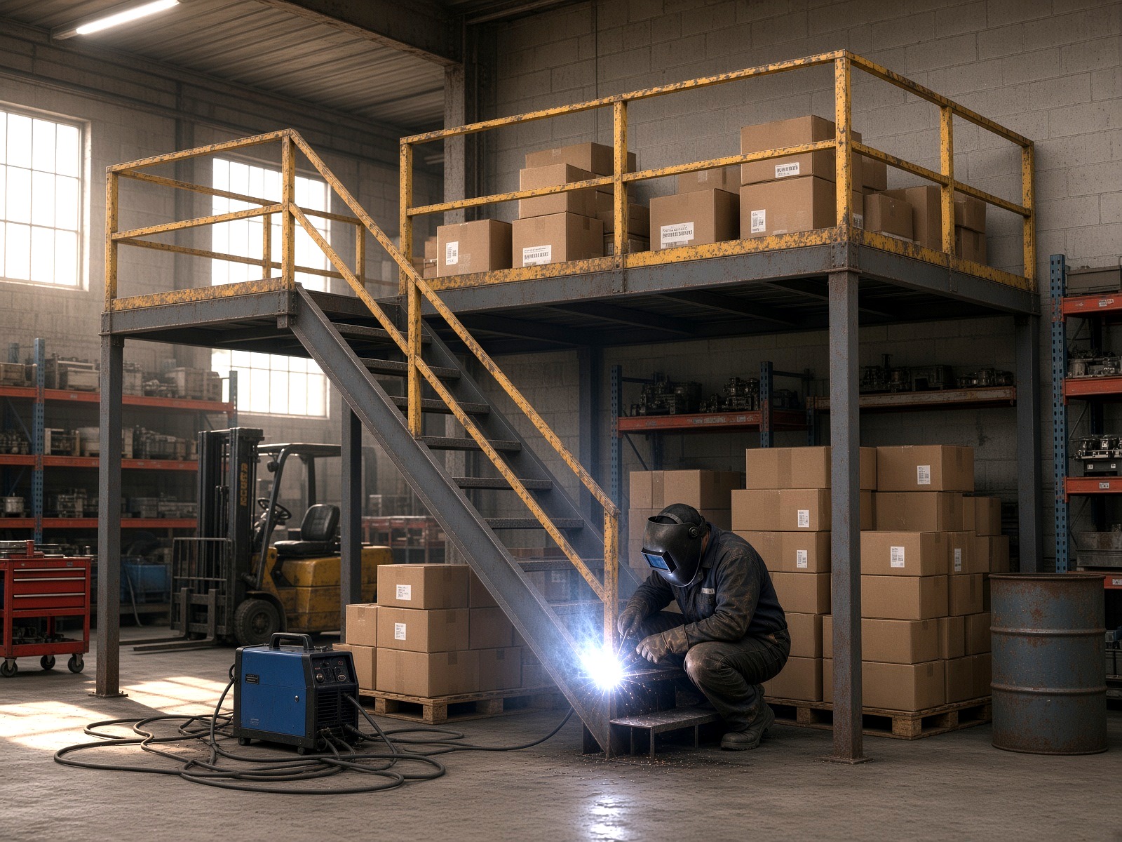 Welder repairing steel mezzanine stairs